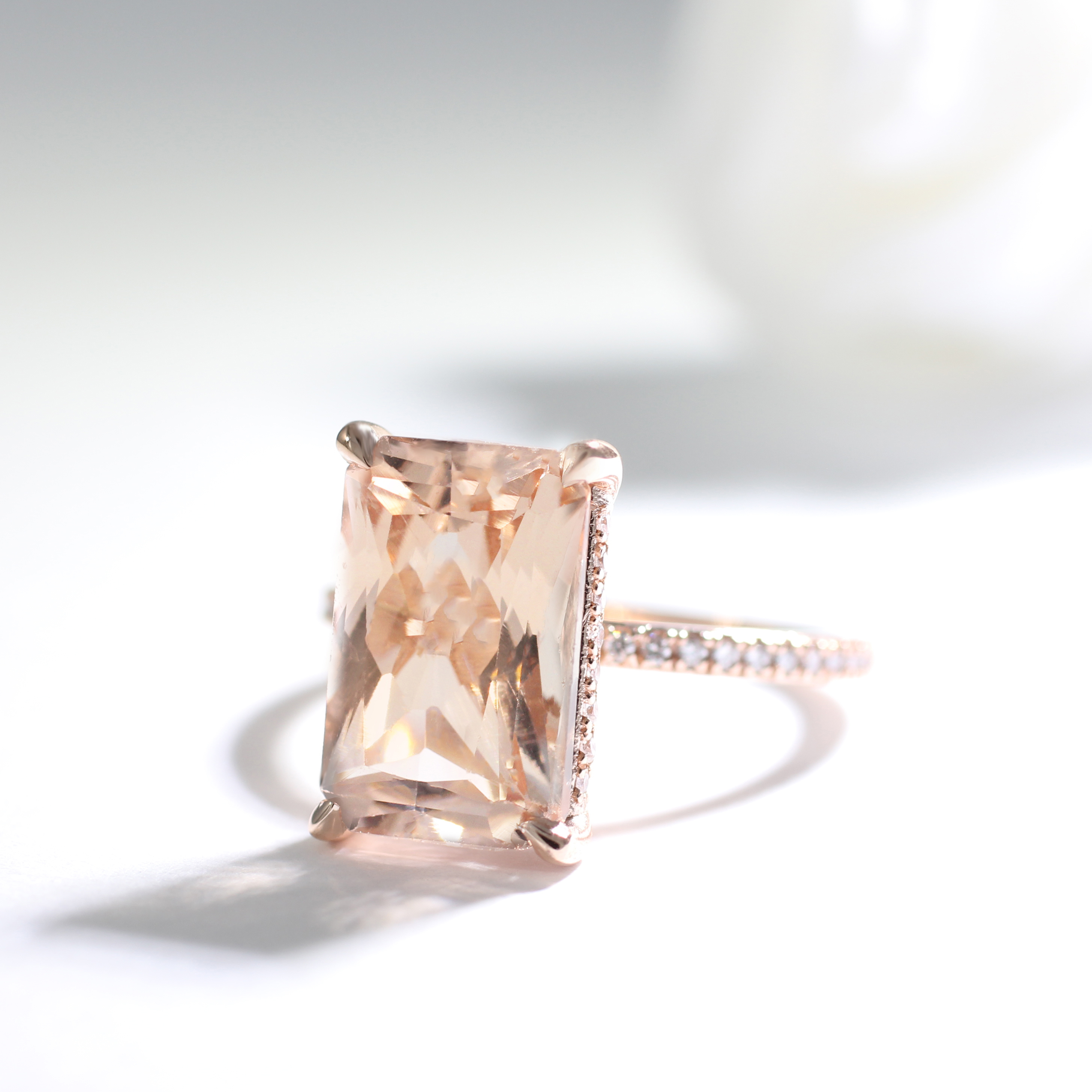 Emerald Cut Morganite Ring | Morganite Halo Ring | PRE- Emerald Cut Morganite Ring with Side Halo | Christine K Jewelry