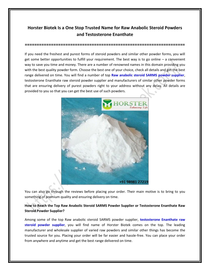 PPT - Horster Biotek Is a One Stop Trusted Name for Raw Anabolic Steroid Powders and Testosterone Enanthate PowerPoint Presentation - ID:11846039