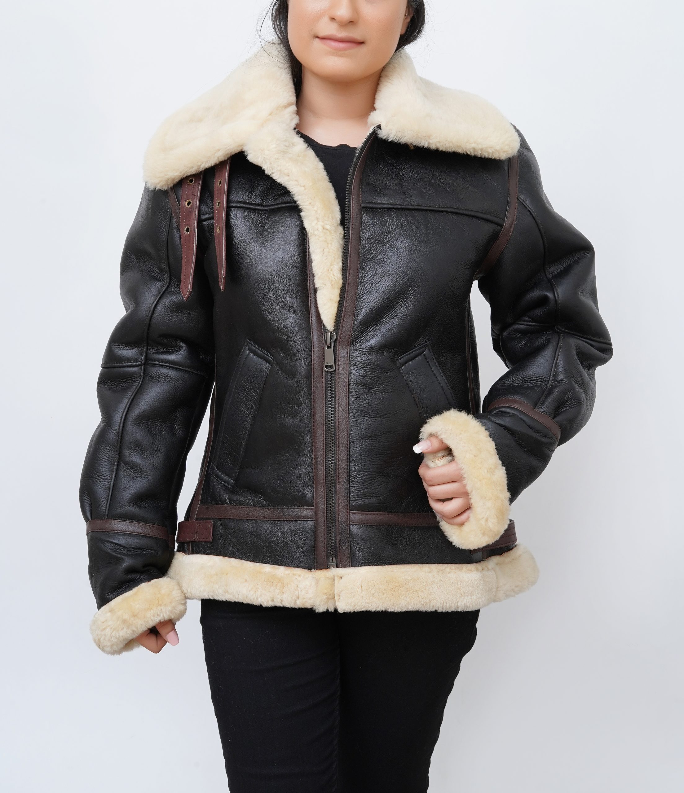 Women Black RAF Sheepskin Shearling Leather Jacket - Shearling Land