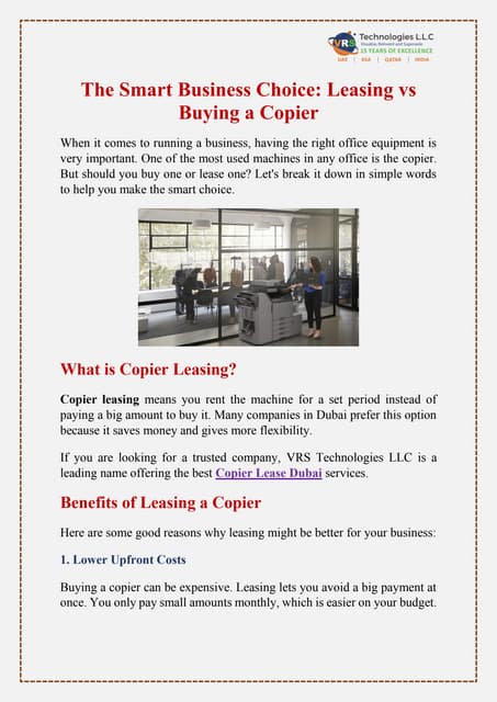 The Smart Business Choice: Leasing vs Buying a Copier | PDF