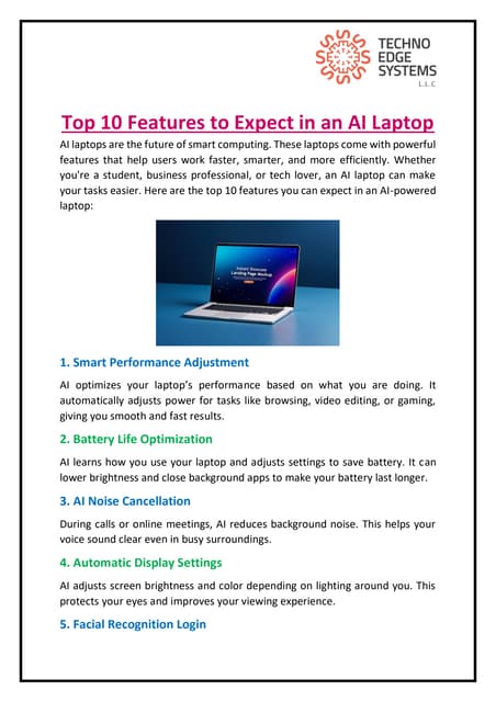 Top 10 Features to Expect in an AI Laptop | PDF