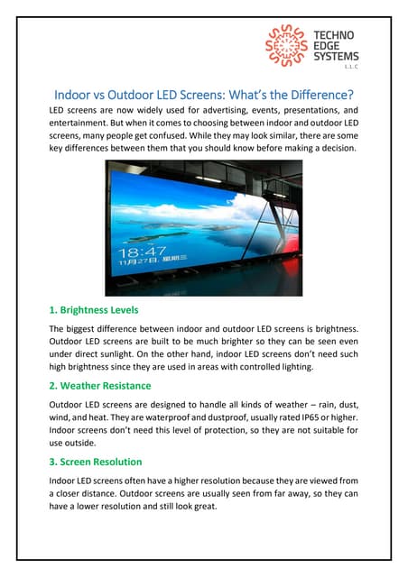 Indoor vs Outdoor LED Screens: What’s the Difference? | PDF