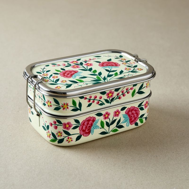Pink & Ivory Flowers | Stainless Steel Hand-Painted Tiffin Style Lunch Box - Dalit Goods Co