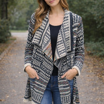 Boho Aztec Open Front Knit Cardigan with Shawl Collar Profile Picture