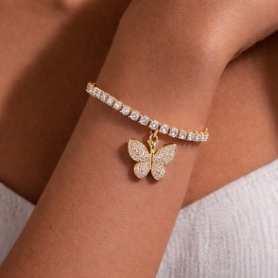 3.5 MM Moissanite Tennis Bracelet with Butterfly Charm in 925 Sterling Silver (14K Yellow Gold Plate Profile Picture