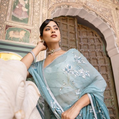 Blue Turquoise Pure Chiffon Aari Sequins Kardana work Handwork Saree Profile Picture